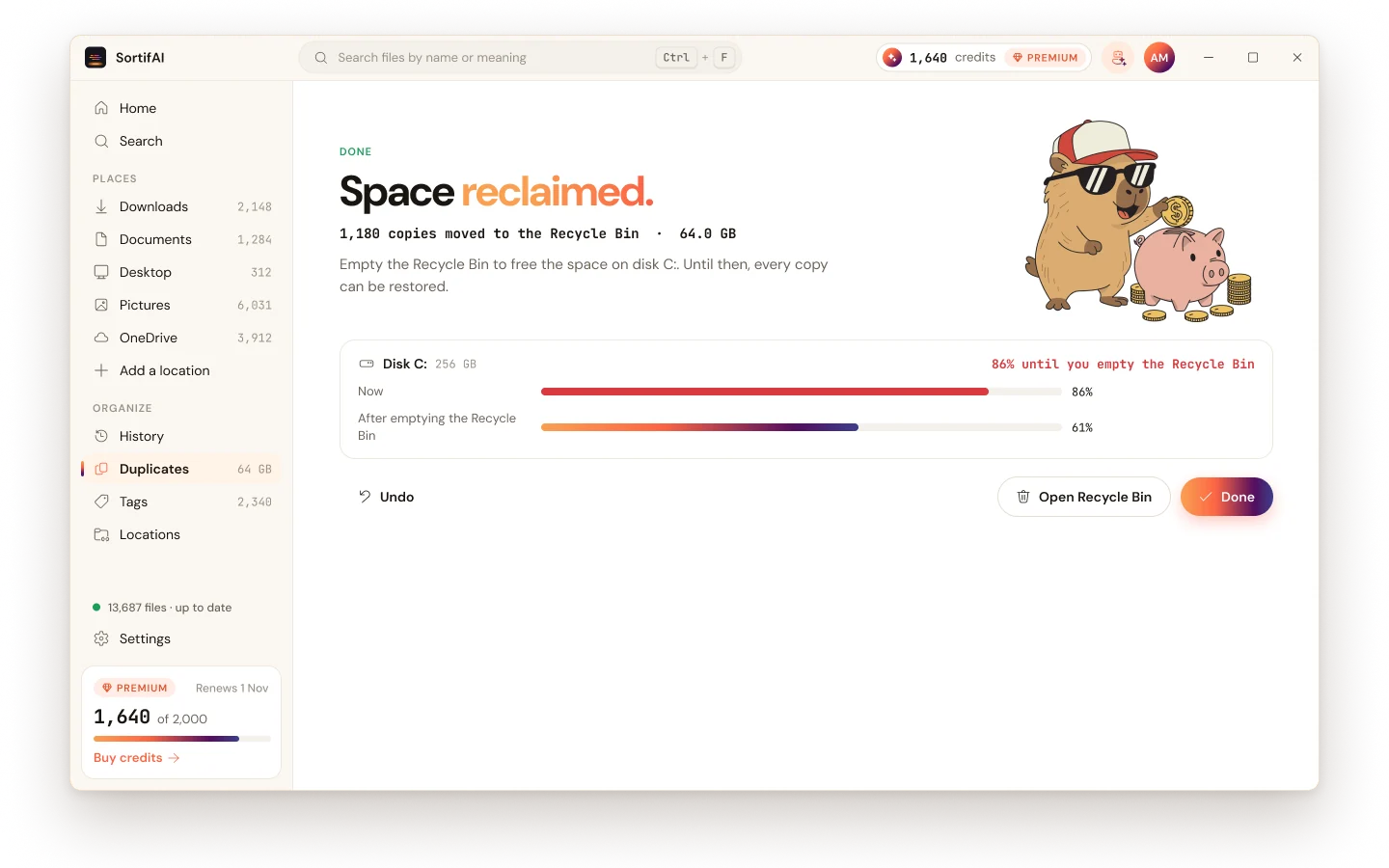 SortifAI for Windows: duplicates moved to the Recycle Bin, space reclaimed